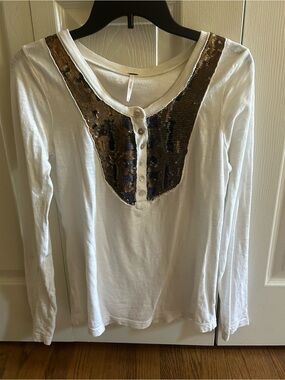 Free People Cream Scoop Neck Tee with Sequin Detailing